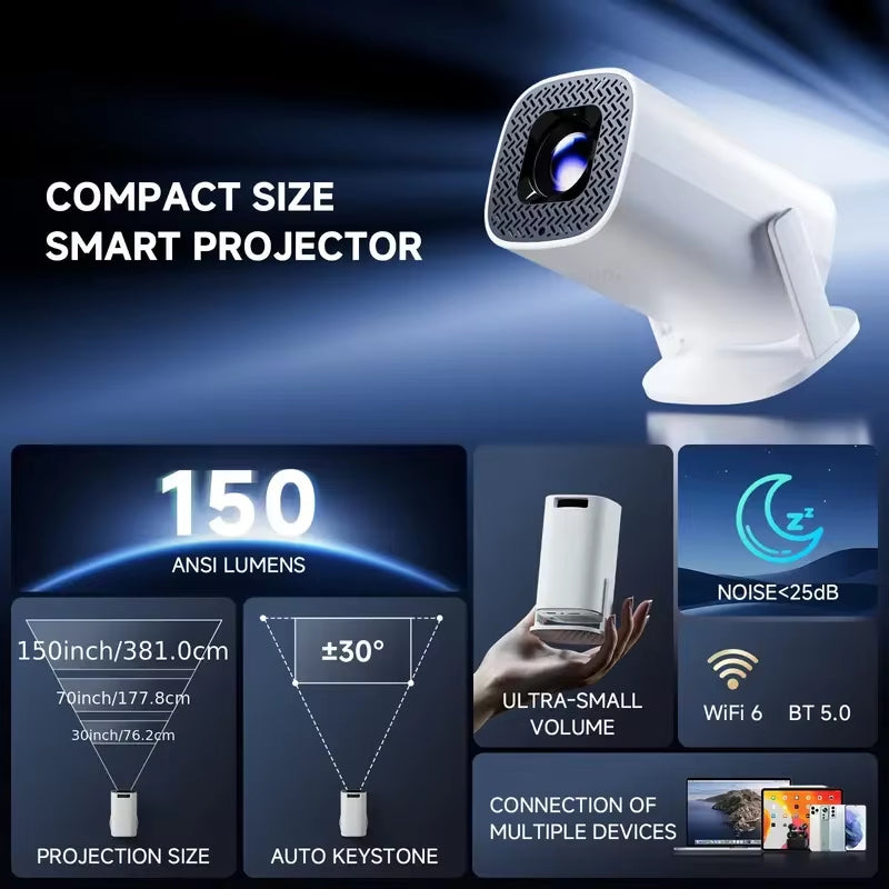 P30Pro Mini Portable Projector – Android 11, 4K Support, WiFi 6, 180° Rotation