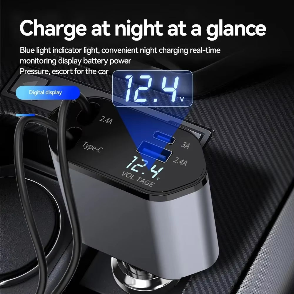 120W 4-in-1 Retractable Fast Car Charger