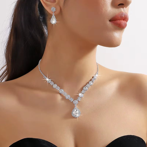 3 Pieces Luxury Women'S Crystal Droplet Necklace with Earrings Set 